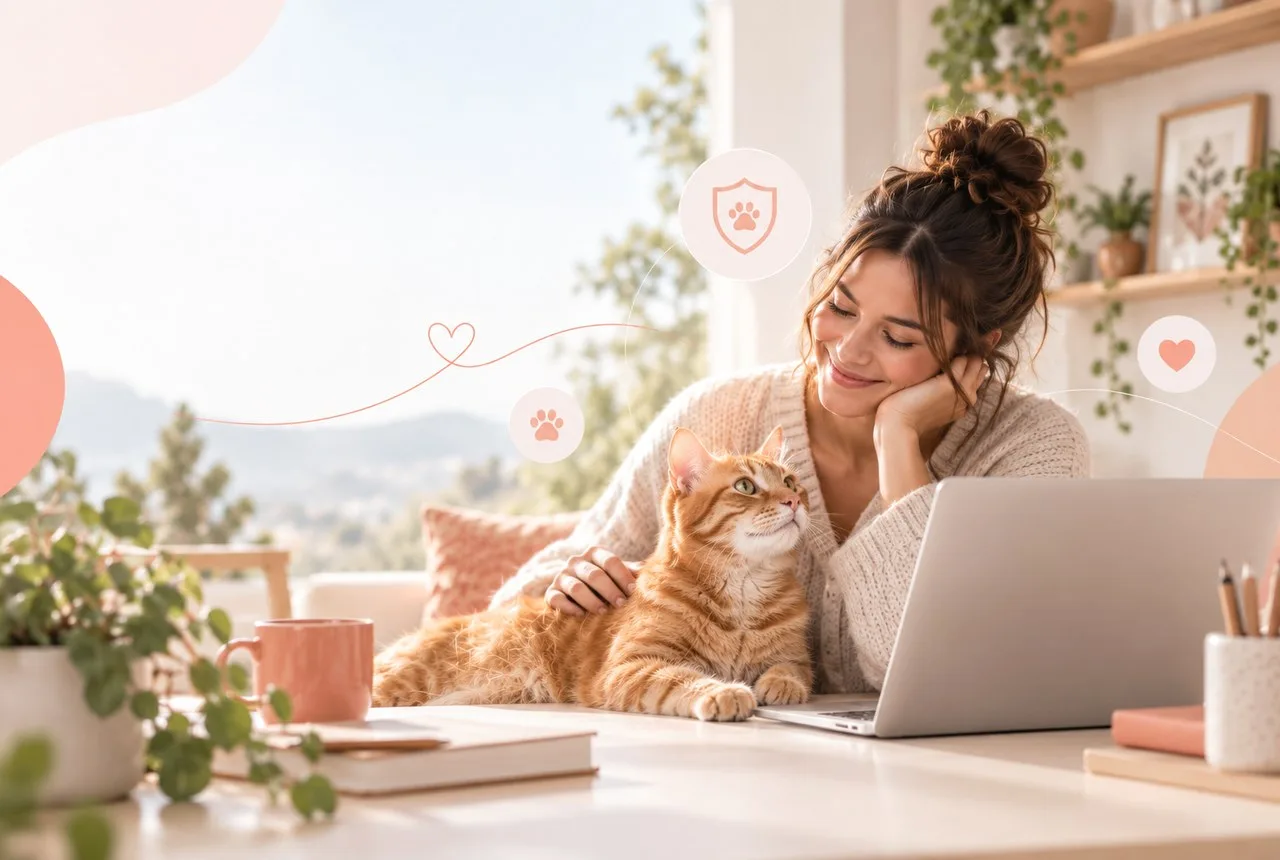 Orange tabby cat beside owner using laptop; coral decorative pet icons